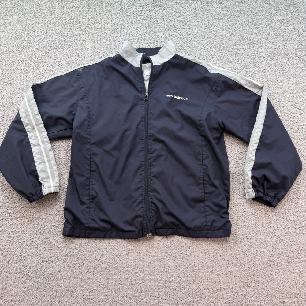 Vintage New Balance Navy Blue Windbreaker Jacket Grey Stripes Men XS / Youth M